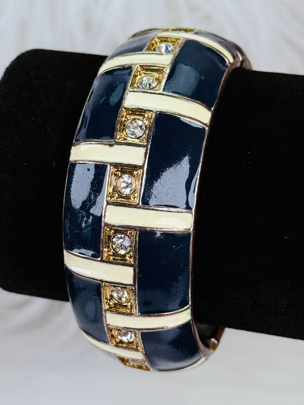 Goldtone, vintage enamel bling costume cuff, bangle bracelet